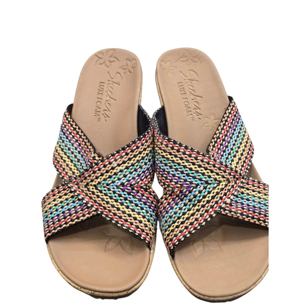 Skechers Luxe Foam Womens 9 Wedge Slide Sandals Multicolor Boho Comfort Coastal - Picture 6 of 7